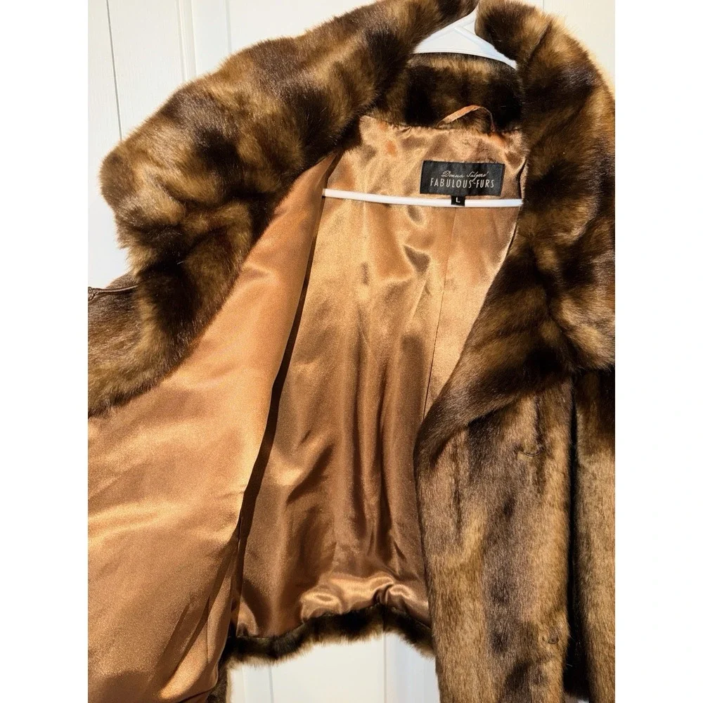 Donna Salyers Fabulous Furs Brown Faux Mink Fur Coat Size Large Glamour Mob Wife